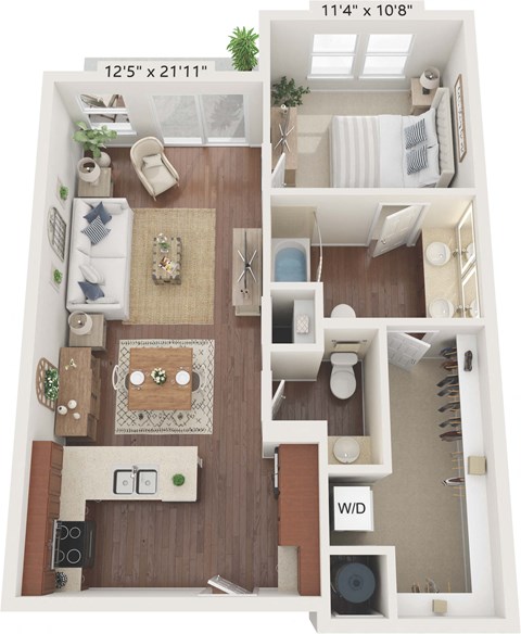 Floor plan for 1 bed, 1.5 baths, 772 sqft